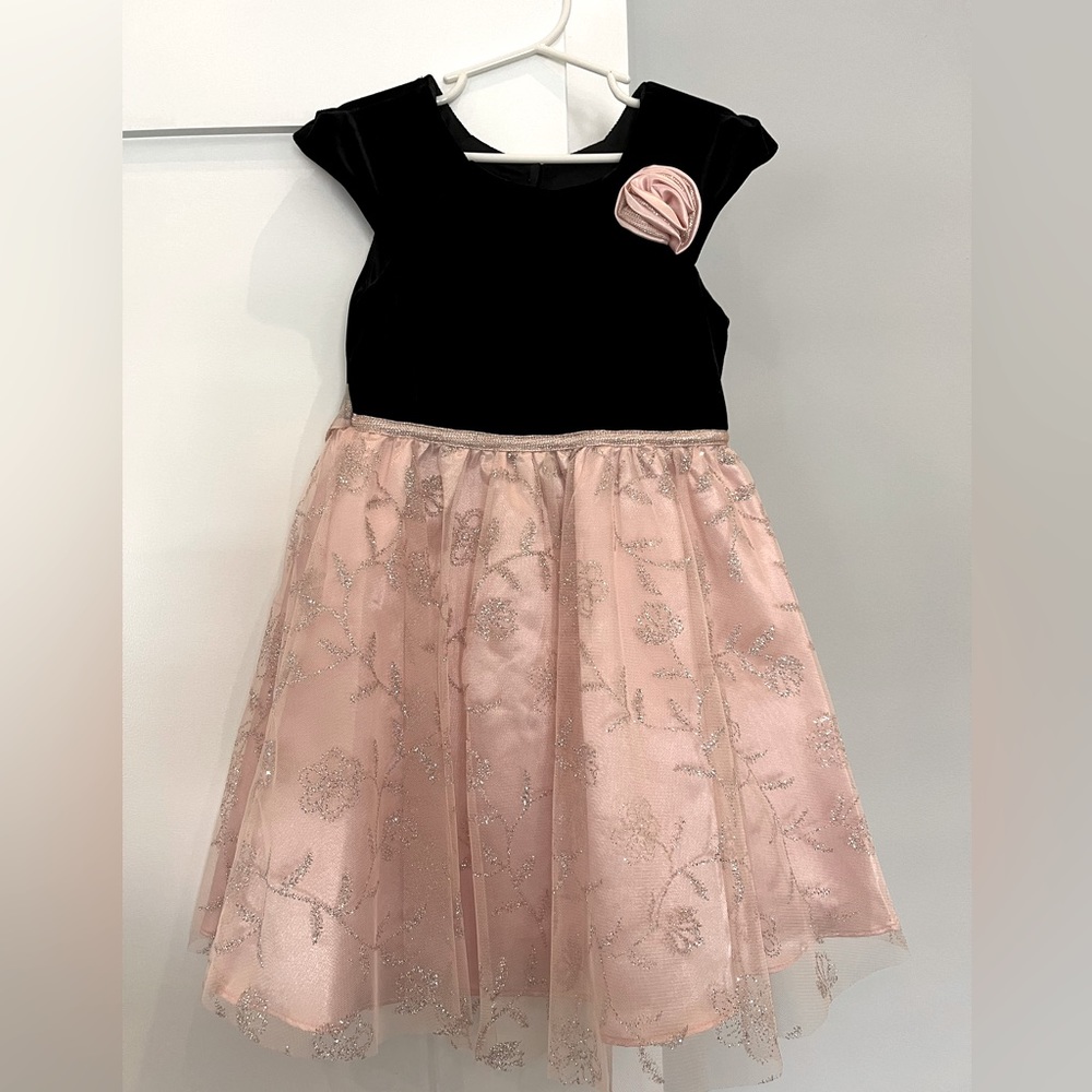 Girl’s black velvet and pale pink tulle gown size 5.